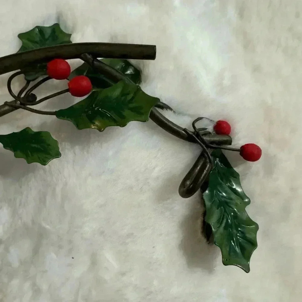 Vintage Holly & Ivy Christmas Mistletoe Candle Holder Iron Metal Decoration - Picture 9 of 13